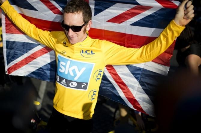 Bradley Wiggins celebrates his 2012 Tour de France win.