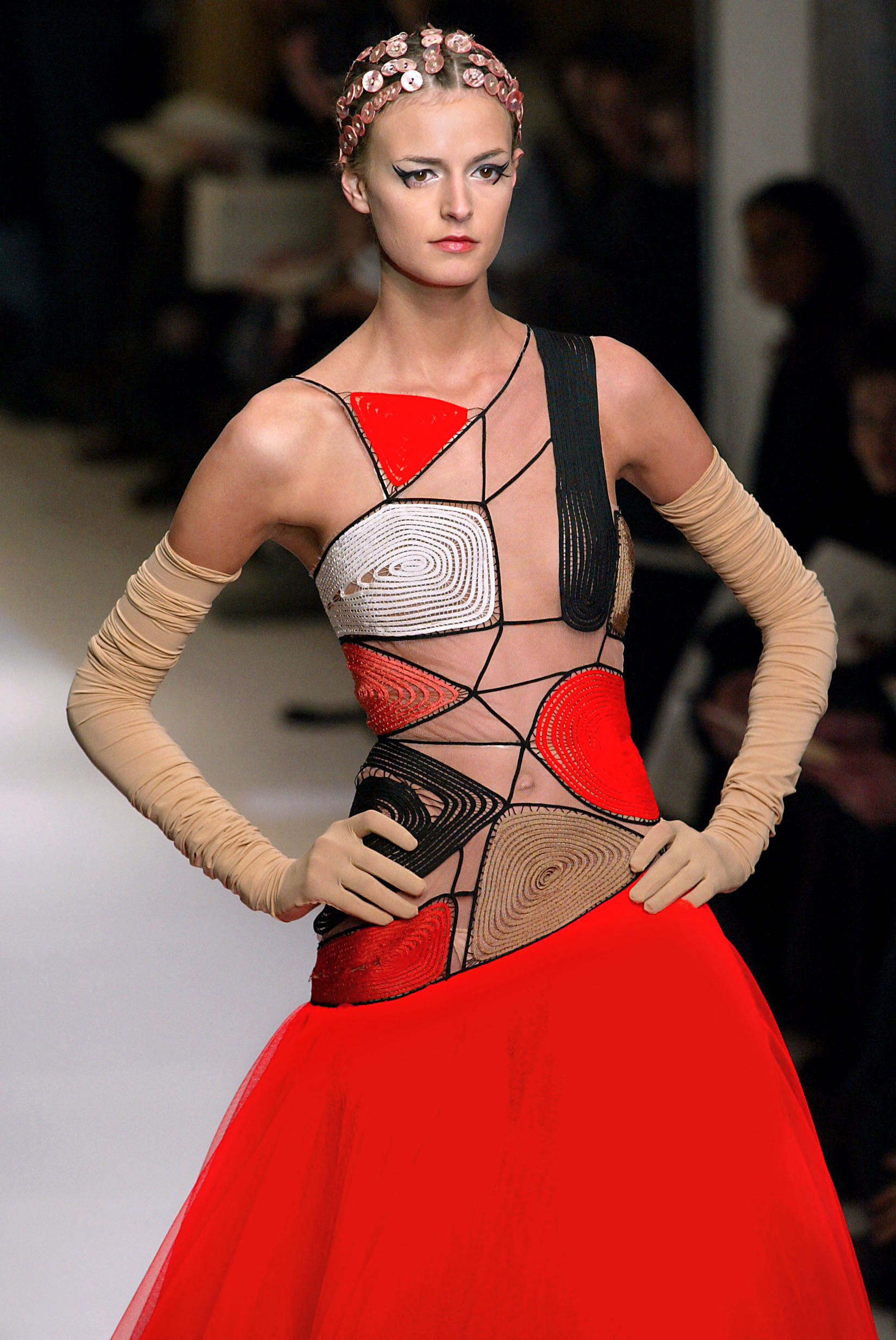 A model presents a creation designed by French Jean-Paul Gaultier, 20 January 2003 in Paris for his Spring-Summer 2003 Haute Couture collection. Photo by PIERRE VERDY/AFP via Getty Images