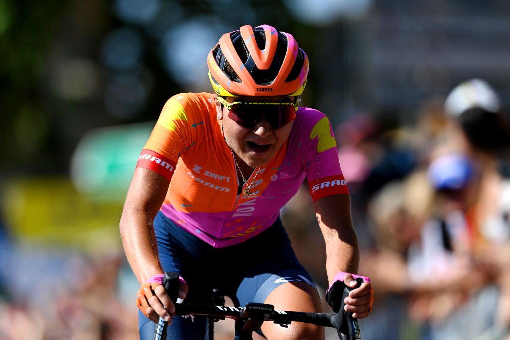 ALBI FRANCE JULY 27 Ricarda Bauernfeind of Germany and Team CanyonSRAM Racing celebrates at finish line as stage winner during the 2nd Tour de France Femmes 2023 Stage 5 a 1261km stage from OnetleChteau to Albi 572m UCIWWT on July 27 2023 in Albi France Photo by Tim de WaeleGetty Images