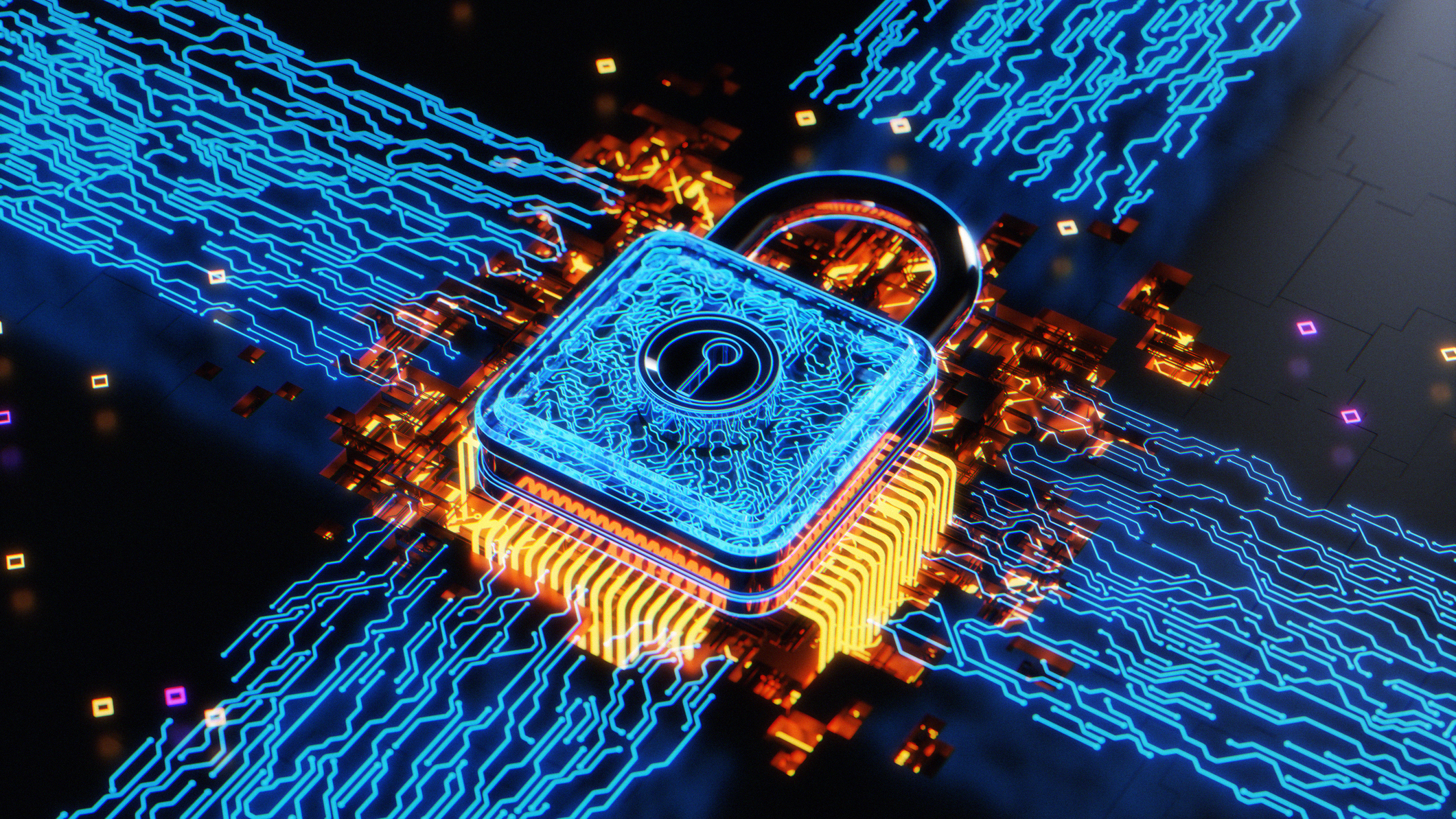 Rendered image of a security lock in blue
