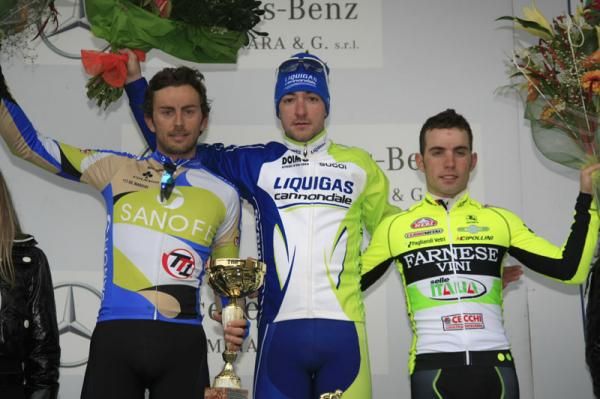 Stage 1 podium (l-r): Daniele Colli, Elia Viviani and Elia Favilli