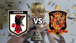The Japan and Spain international football team badges on top of a photo of the World Cup trophy being lifted