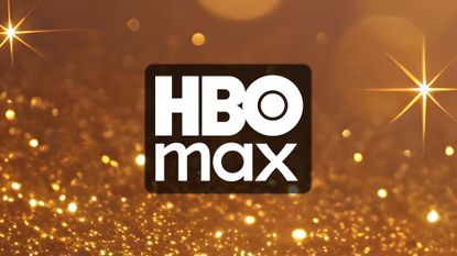 HBO Max logo on a gold sparkle background