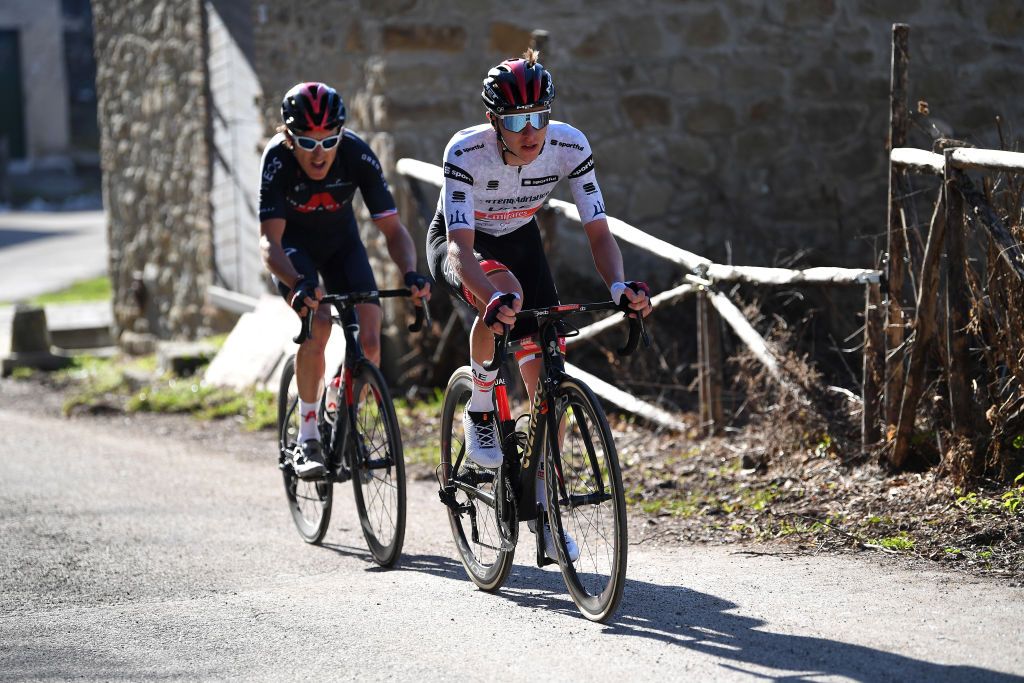 PRATI DI TIVO ITALY MARCH 13 Geraint Thomas of The United Kingdom and Team INEOS Grenadiers Tadej Pogacar of Slovenia and UAE Team Emirates White Best Young Rider Jersey during the 56th TirrenoAdriatico 2021 Stage 4 a 148km stage from Terni to Prati di Tivo 1450m Breakaway TirrenoAdriatico on March 13 2021 in Prati di Tivo Italy Photo by Tim de WaeleGetty Images