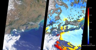 This dual image shows the coastline of Rio as seen from NASA's Terra Satellite. On the left, the image is superimposed with measurements of air pollution that lingers above the city.