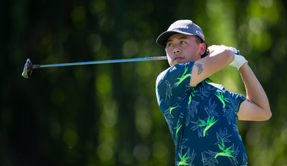 Jeffrey Guan strikes a fairway wood off the tee at the Procore Championship