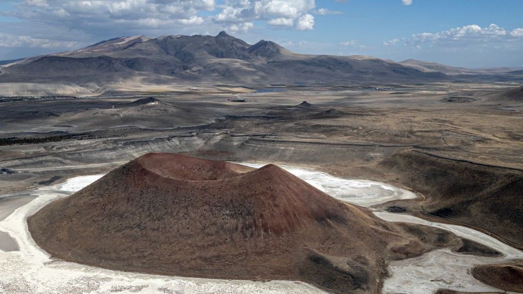 The famous Meke Lake, also known as the evil eye of the world, is shown dried up due to drought and climate change on Nov. 15, 2024 in. Konya, Türkiye. 