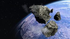 An impressionist photo of 4 asteroids floating near Earth