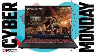 An Asus TUF Gaming A16 gaming laptop on a Cyber Monday background