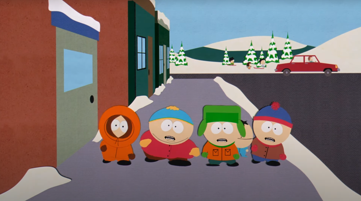 Kenny, Cartman, Kyle, Ike, and Stan in South Park: Bigger, Longer, Uncut