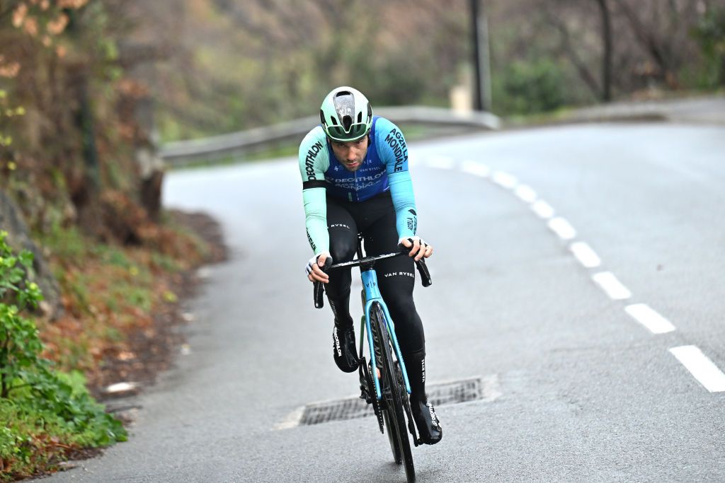 GOURDON FRANCE FEBRUARY 22 Andrea Vendrame of Italy and Team Decathlon AG2R La Mondiale competes in the breakaway during the 57th Tour des Alpes Maritimes et du Var 2025 Stage 1 a 1624km stage from Contes to Gourdon on February 22 2025 in Gourdon France Photo by Billy CeustersGetty Images