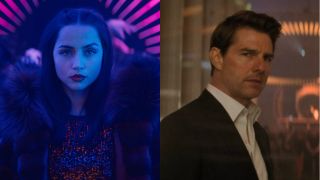Ana de Armas stands in a neon lit party scene in Ballerina, next to Tom Cruise looking upset in Mission: Impossible - Fallout.