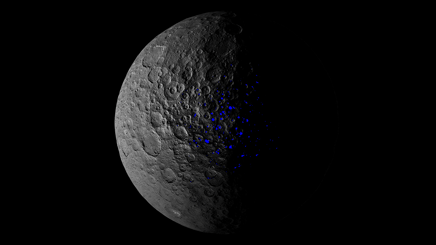 This animation shows how the illumination of Ceres' northern hemisphere varies with the dwarf planet's axial tilt. Shadowed regions are highlighted for tilts of 2 degrees, 12 degrees and 20 degrees.