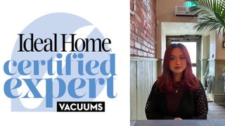 Ideal Home certified expert vacuums blue logo next to Jullia Joson headshot