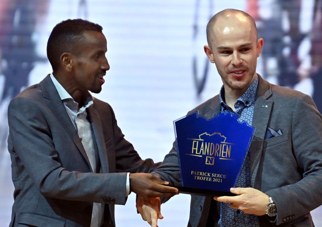 Bashir Abdi and Tim Celen winner of the Patrick Sercu trophy pictured during the Flandrien award ceremony for the best Belgian cyclist of the 2021 cycling season organized by newspaper Het Nieuwsblad in Puurs on Tuesday 26 October 2021BELGA PHOTO DAVID STOCKMAN Photo by DAVID STOCKMANBELGA MAGAFP via Getty Images