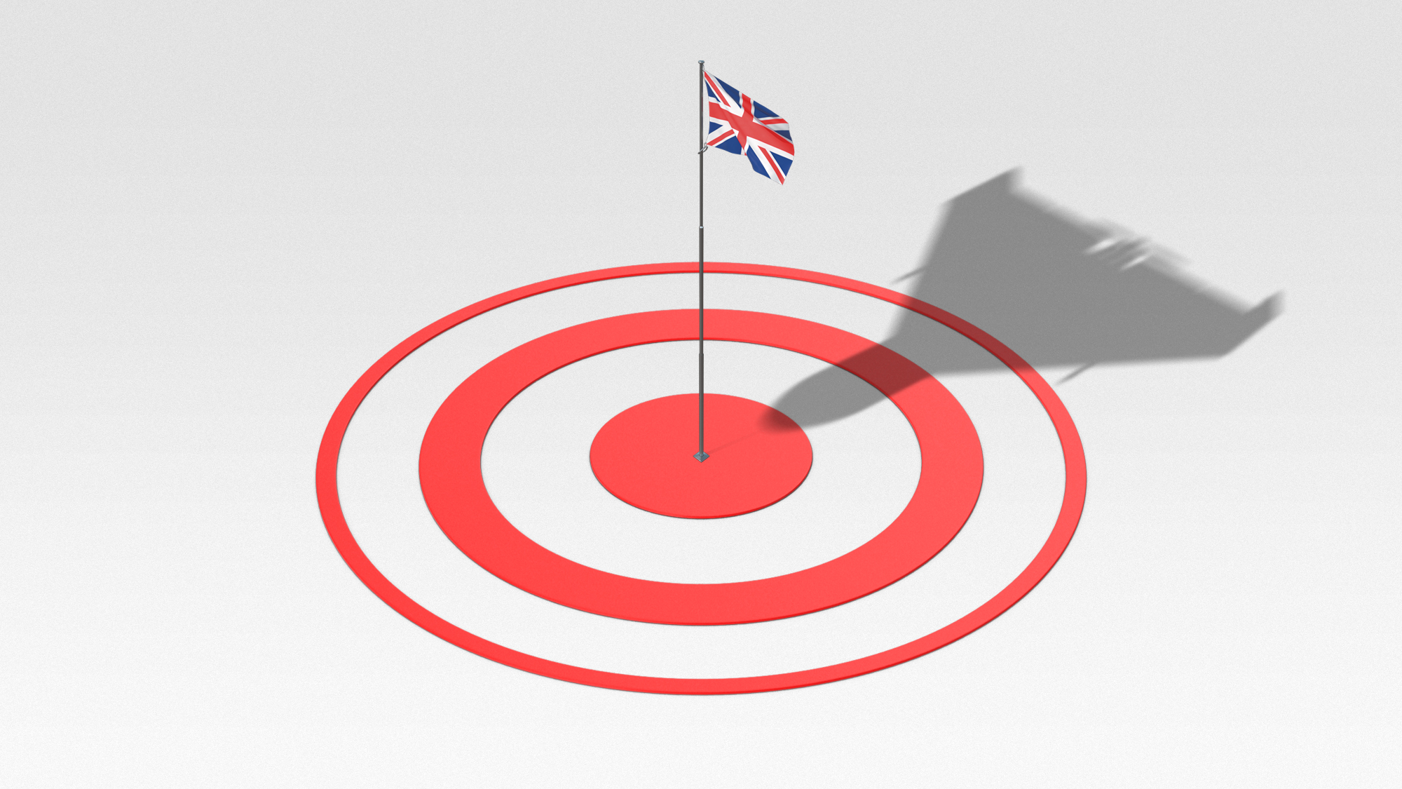 Illustration of a Union Jack flag standing on a target while the shadow of a combat drone approaches from above