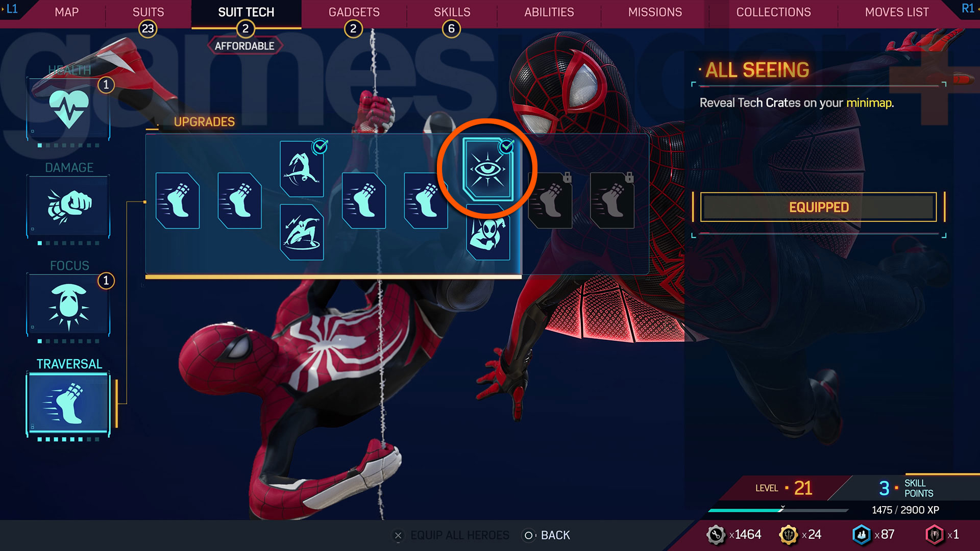 Odblokowanie ulepszenia technologii All Seeing Suit w celu znalezienia skrzynek technicznych Spider-Mana 2