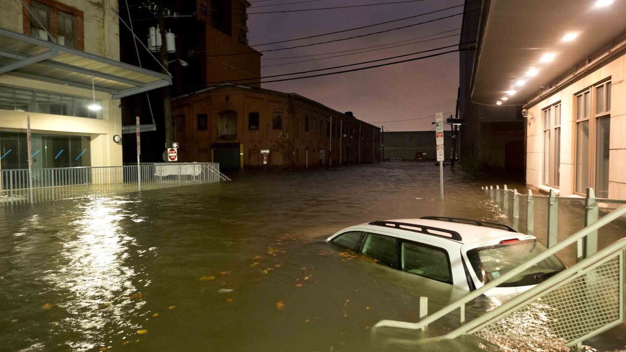 Flooded Car on an Urban Street after a hurricane