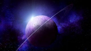 Beautiful abstract illustration, the planet Saturn in space and the shining stars in blue and purple colors.