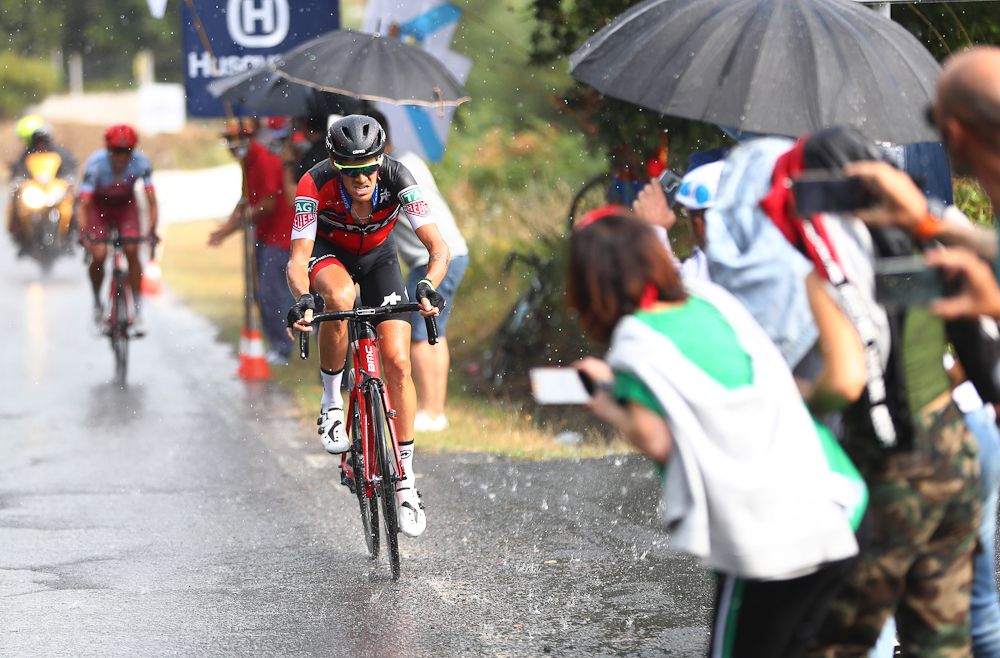 Alessandro De Marchi rides alone in the rain on his way to winning stage 11 at the Vuelta