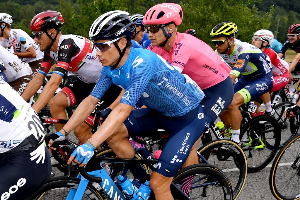 ALTU DEL GAMONITEIRU SPAIN SEPTEMBER 02 LR Matteo Trentin of Italy and UAE Team Emirates Miguel ngel Lpez Moreno of Colombia and Movistar Team and Magnus Cort Nielsen of Denmark and Team EF Education Nippo compete during the 76th Tour of Spain 2021 Stage 18 a 1626km stage from Salas to Altu dEl Gamoniteiru 1770m lavuelta LaVuelta21 on September 02 2021 in Altu dEl Gamoniteiru Spain Photo by Tim de WaeleGetty Images