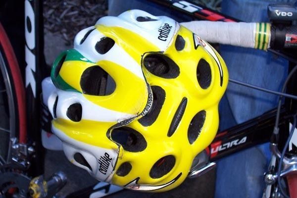 Ben Kersten's helmet showed signs of the crash, with Kersten saying he was kicking bikes away while he was sliding on the ground as they came towards him.