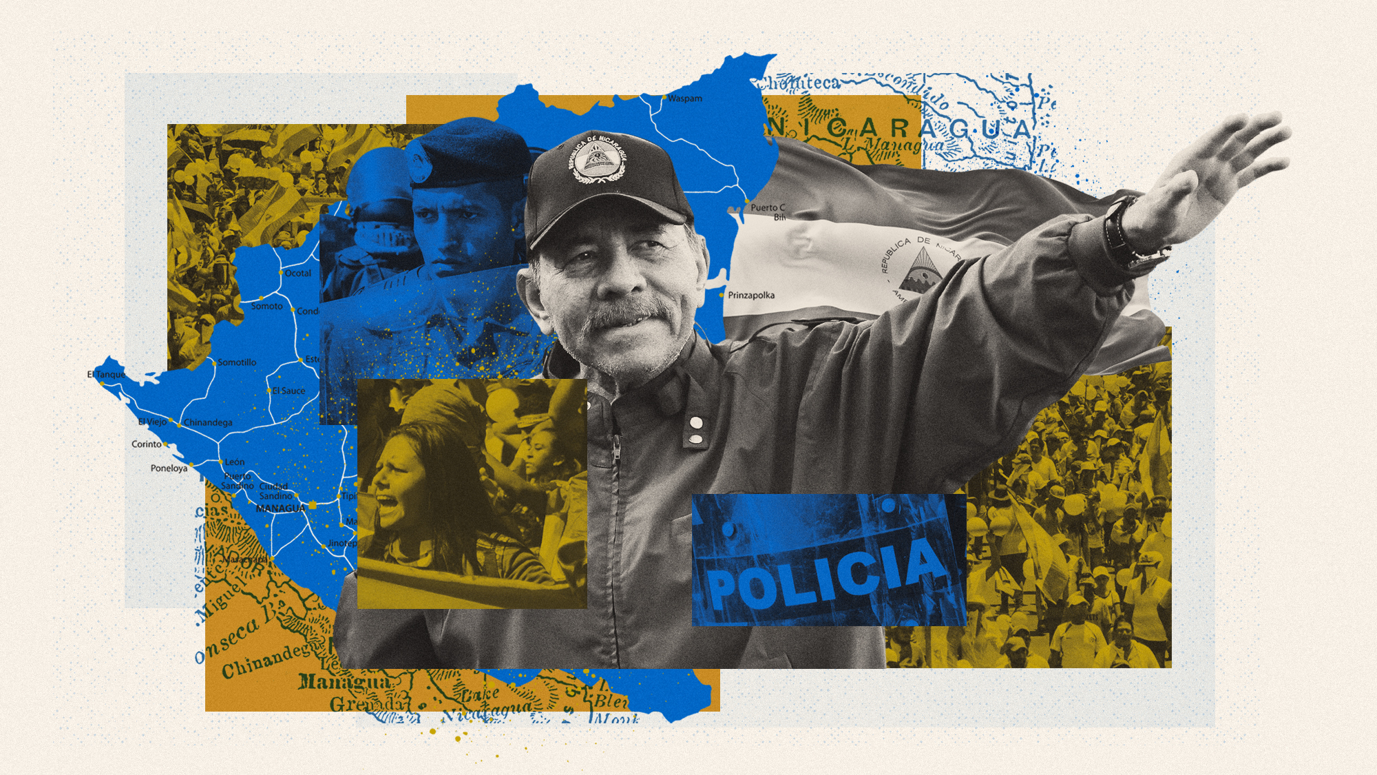 Photo composite illustration of Daniel Ortega, a map of Nicaragua, crowds of anti-government protestors and riot police