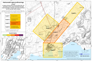 A map showing volcano hazard assessments on the Reykjanes peninsula in Iceland.