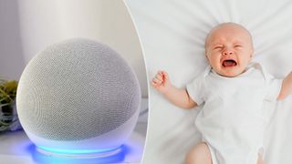 A baby crying next to an image of an Echo Dot
