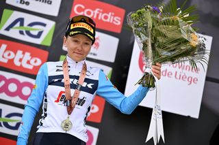 Gaia Realini (Trek-Segafredo) on the podium at La Flèche Wallonne