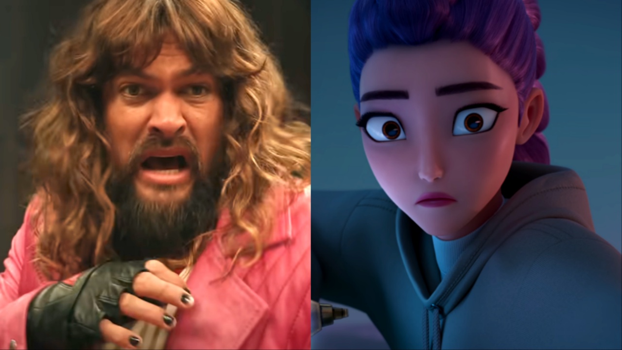 Jason Momoa looking scared in Minecraft movie and Rumi looking surprised in KPop Demon Hunters