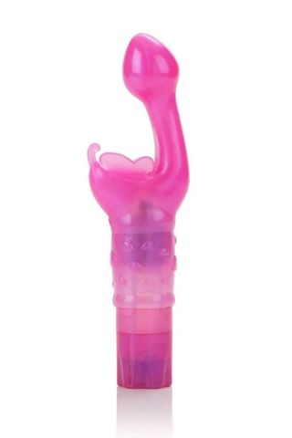 pink vibrator with butterfly-shaped clitoral stimulator