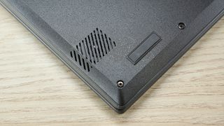 Close-up of underside corner of Asus Chromebook CM14