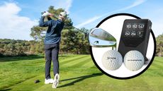 Baz Plummer hitting driver off the tee at Hadley Wood Golf Club, with inset images of the three gear changes he has made in 2026 to improve his golf: Shot Scope LM1, Srixon balls and Benross RS clubs
