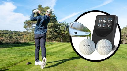 Baz Plummer hitting driver off the tee at Hadley Wood Golf Club, with inset images of the three gear changes he has made in 2026 to improve his golf: Shot Scope LM1, Srixon balls and Benross RS clubs