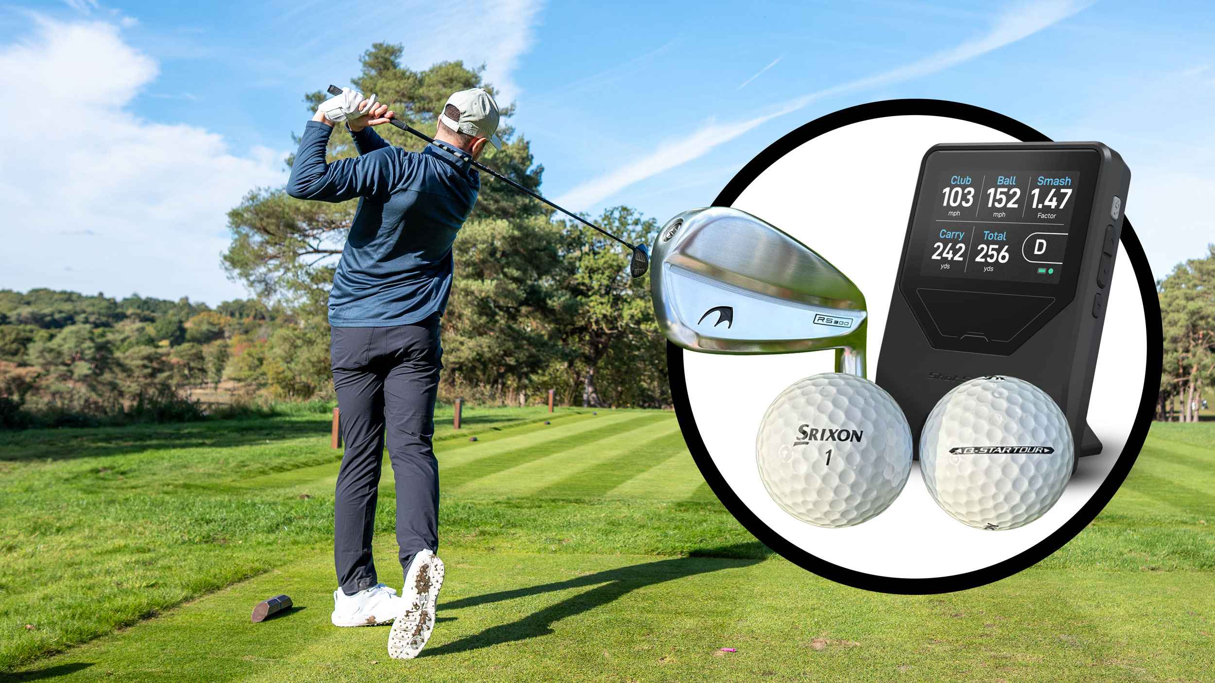 Baz Plummer hitting driver off the tee at Hadley Wood Golf Club, with inset images of the three gear changes he has made in 2026 to improve his golf: Shot Scope LM1, Srixon balls and Benross RS clubs