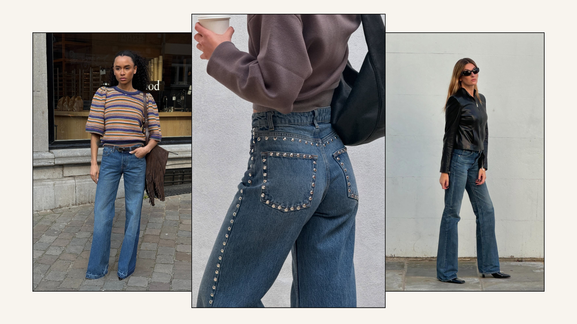 Three french fashion people wearing various jeans outfits