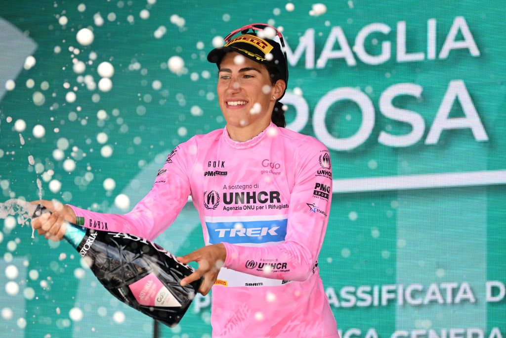 OLBIA ITALY JULY 02 Elisa Balsamo of Italy and Team Trek Segafredo Pink Leader Jersey celebrates at podium during the 33rd Giro dItalia Donne 2022 Stage 3 a 1134km stage from Cala Gonone to Olbia GiroDonne UCIWWT on July 02 2022 in Olbia Italy Photo by Dario BelingheriGetty Images
