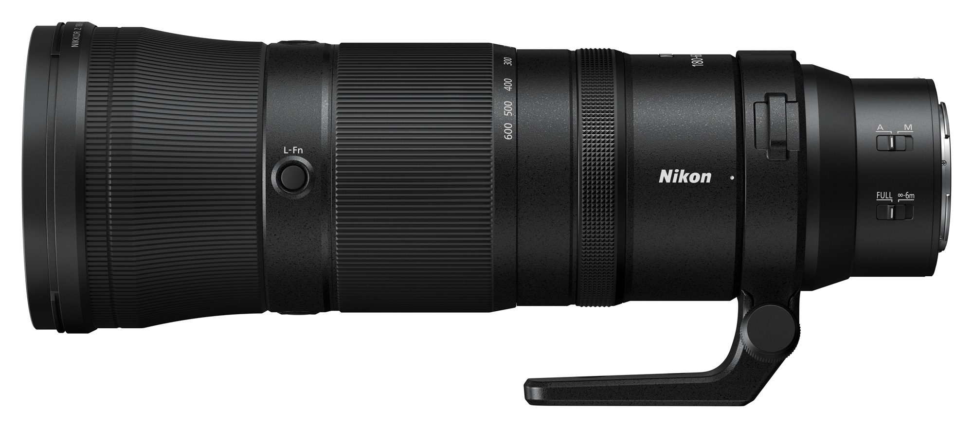 The Nikkor Z 180-600mm lens on a white background