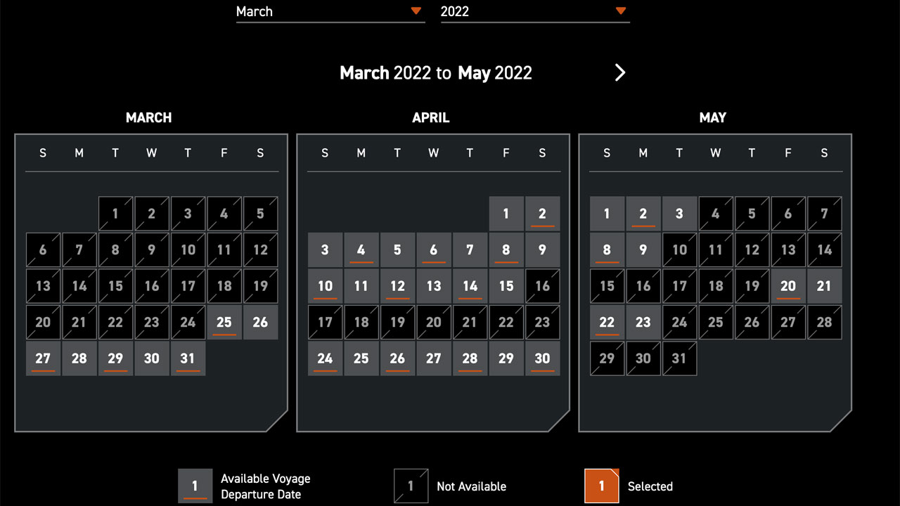 Captura de pantalla de las fechas abiertas para Star Wars Galactic Starcruiser