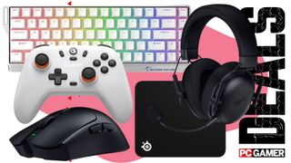 A selection of PC gaming peripherals on a pink and white deals background