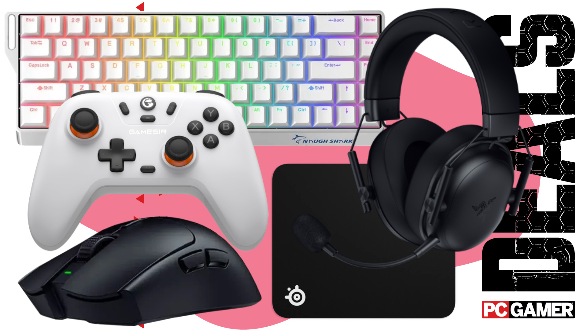 A selection of PC gaming peripherals on a pink and white deals background