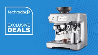 Breville the Oracle Touch coffee machine on a blue background with "Exclusive Deals" text in white.