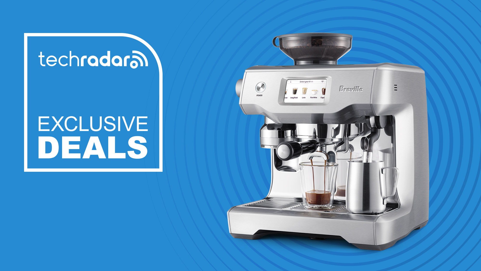 Breville the Oracle Touch coffee machine on a blue background with "Exclusive Deals" text in white.