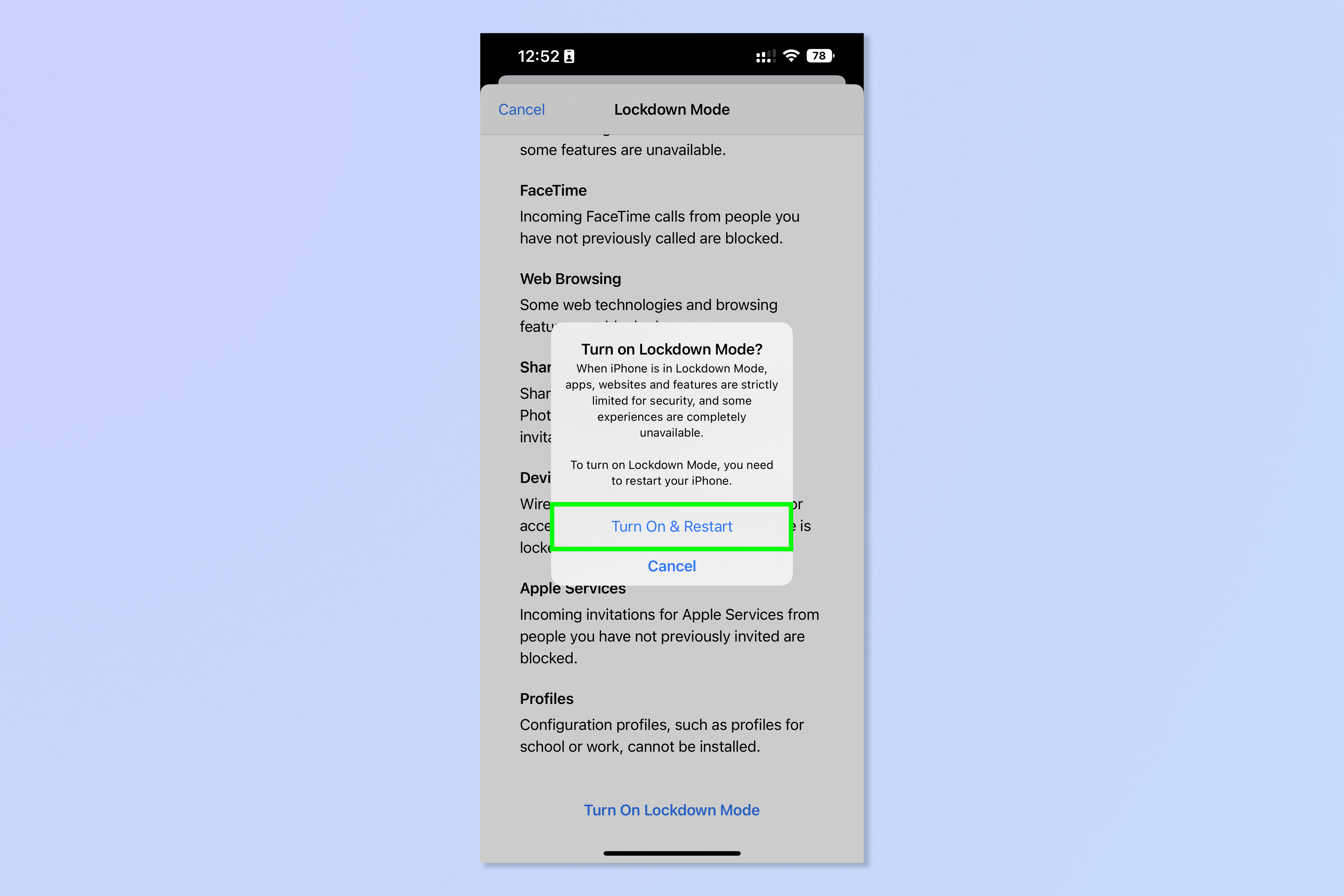 Снимок экрана, показывающий шаги, необходимые для включения режима блокировки iOS.