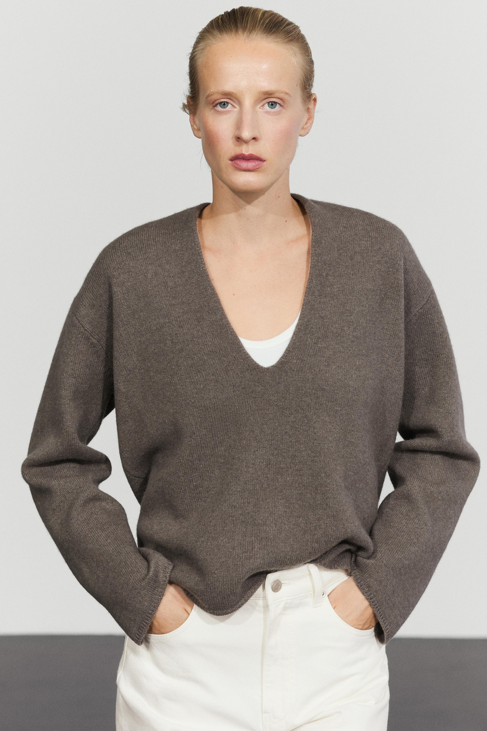 Long-Line Knit Sweater With Neckline Detail