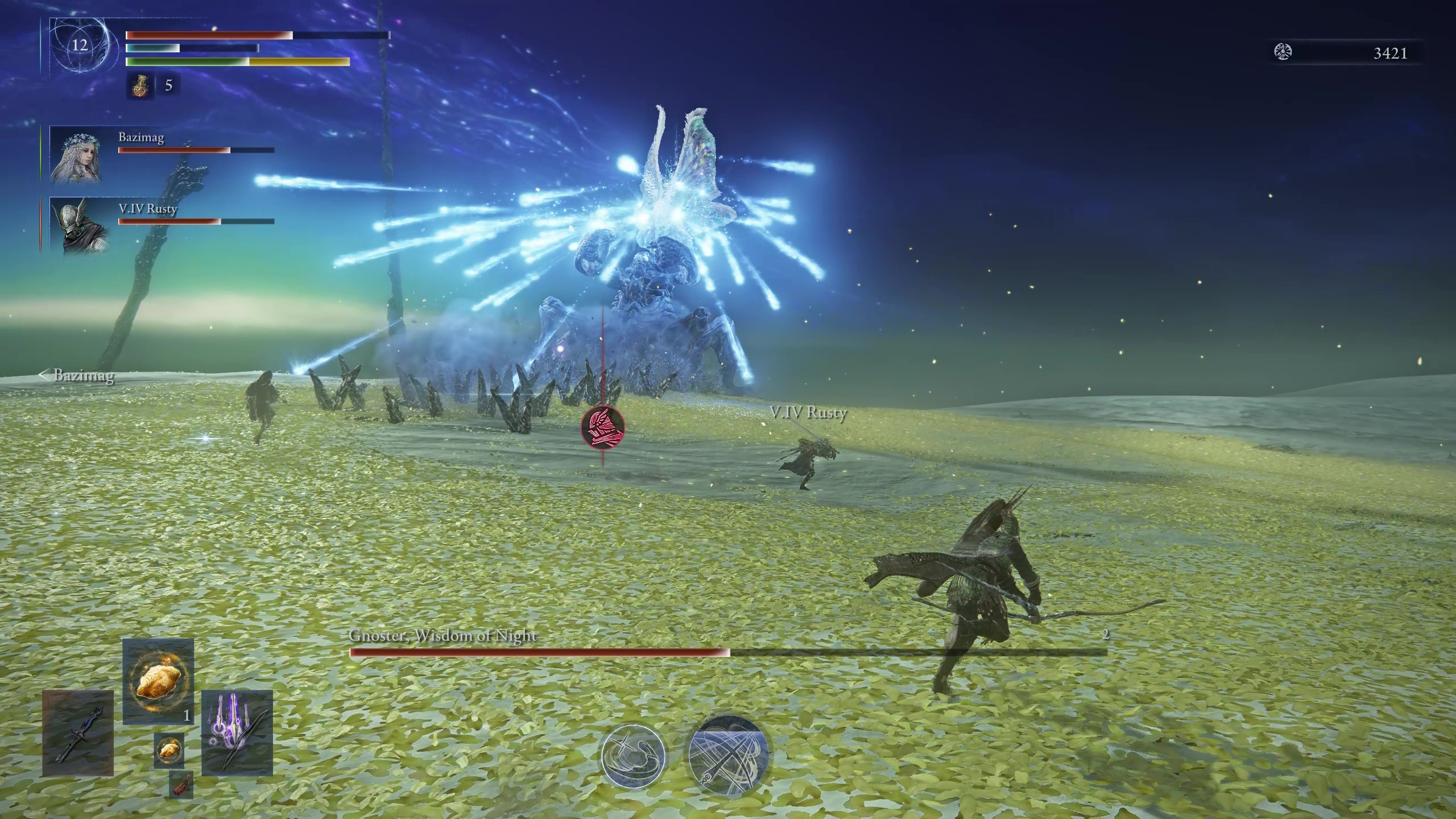 Elden Ring Nightreign Sentient Pest guide: Gnoster charging at three players and firing tons of magic bolts as they run away.