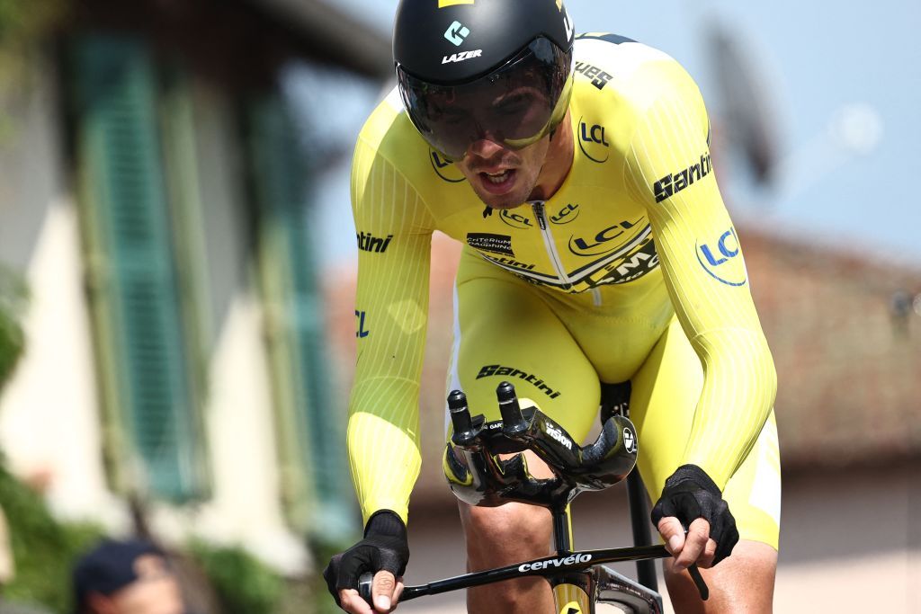 JumboVismas French rider Christophe Laporte competes in the fourth stage of the 75th edition of the Criterium du Dauphine cycling race individual time trial 311km between Cours to Belmont de La Loire France on June 7 2023 Photo by AnneChristine POUJOULAT AFP Photo by ANNECHRISTINE POUJOULATAFP via Getty Images