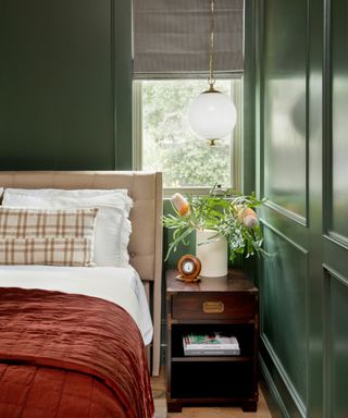 best green paints, green bedroom with mahogany nightstand, pendant light, blind, rust blanket, taupe headboard, small bedroom