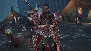 Monster Hunter Wilds Long Sword build - A High Rank hunter wearing Guardian Rathalos armour at base camp.